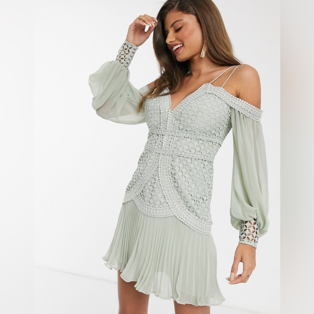 ASOS DESIGN lace mini dress with blouson sleeve and pleated hem in sage